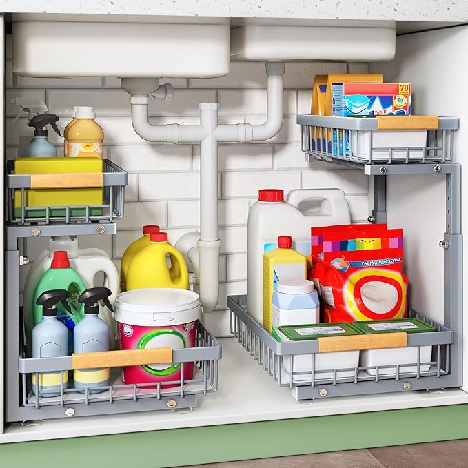 Kitstorack Under Sink Organizer, 2 Tier Under the Sink Storage, Slide out Pull out Cabinet Organizer Shelf, Metal Sliding Drawer for Kitchen Bathroom Pantry Closet Organization Rack, Grey, 1 Pack