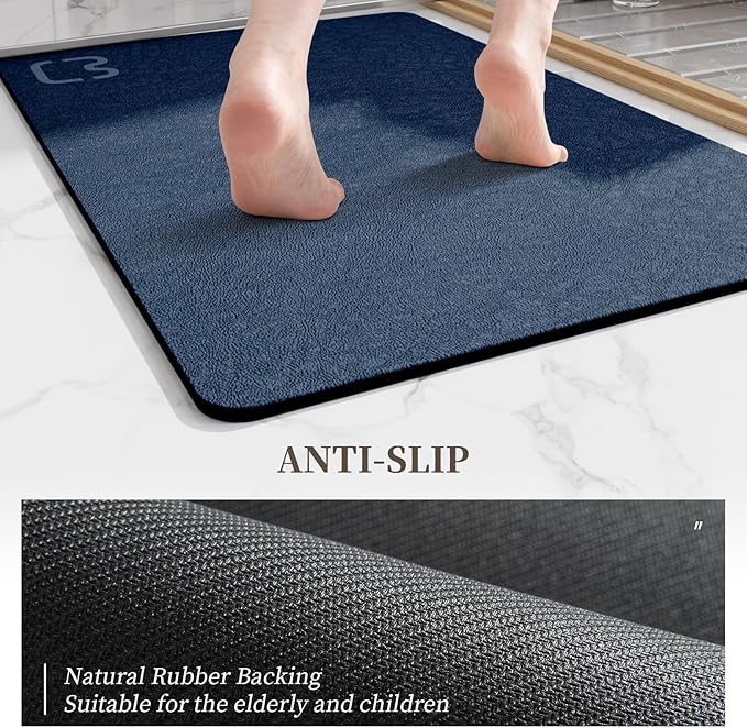 RUERYA Navy Long Bathroom Rugs Large Stone Bath Mats for Bathroom,15.7"x47" | Non Slip Rubber Backed Quick Dry Super Absorbent Diatomaceous Earth Bath Mat Extra Long Thin Diatomite Bathroom Mat Runner