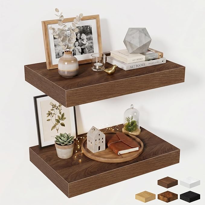 Fun Memories Wood Floating Shelves 20 Inch, 12 Inch Deep Shelves Wall Mount, Wall Shelves with Invisible Bracket, 20" Floating Shelves for Living Room Bathroom Bedroom, Walnut, Set of 2