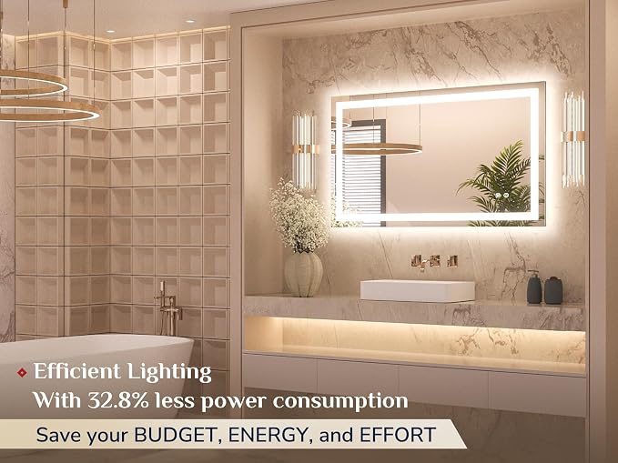 Keonjinn 40x24 Inch LED Bathroom Mirror with Lights, Frontlit & Backlit | HD Tempered Grass, 3-Color Temperature & Stepless Dimmable Lighting, Fast & Safe Defogging, Effortless Installation