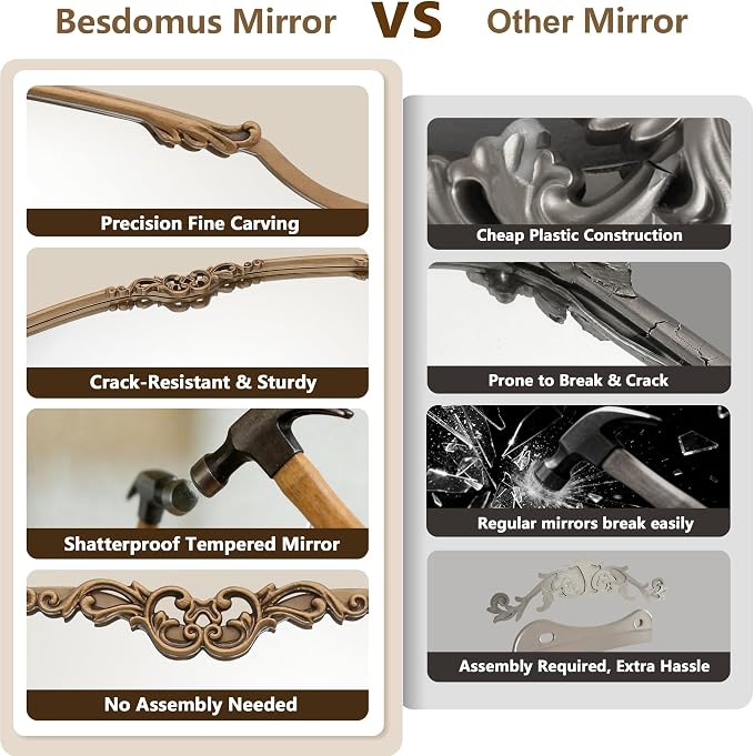 Besdomus Large Vintage Decorative Mirror: 26"x56" Antique Scalloped Mirrors | French Baroque Brass Gold Full Length for Dining room/Entryway/Bedroom - Vertical or Horizontal Hanging for Home Renovations