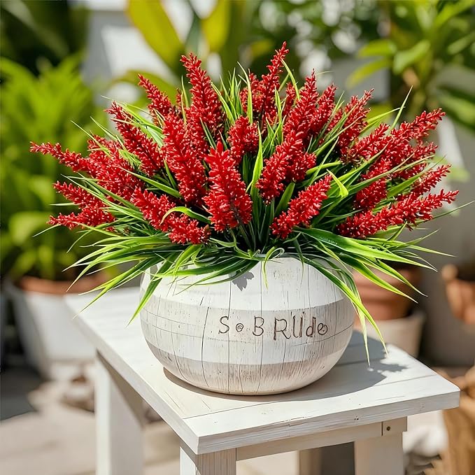 Geegoods 24 Bundles Red Artificial Plants Flowers Outdoor, UV Resistant | Faux Plants with Monkey Grass, Realistic Plastic Flowers for Garden Porch Window Box Patio Hanging Planter Decor