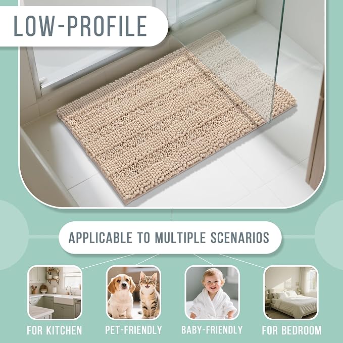 Yimobra Bathroom Rug Mat 47 x 24, Non Slip and Super Absorbent Bath Mat,Machine Washable Quick Dry,Ultra Plush Chenille Shower Rugs for Bathroom Floor Sink Tub and Shower Outside, Beige