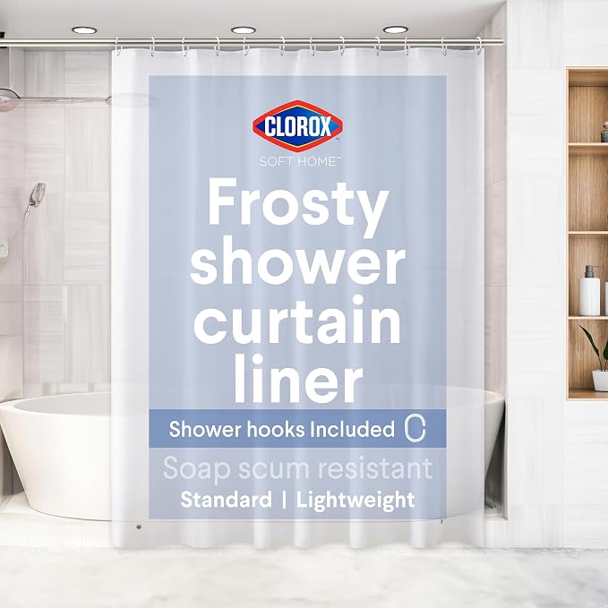 Clorox Shower Curtain Liner & Hooks, Premium Lightweight Flexible Waterproof 4g PEVA for Bathroom with Weighted Magnets, Standard Size 70" x 72", Frosty 1 Pack