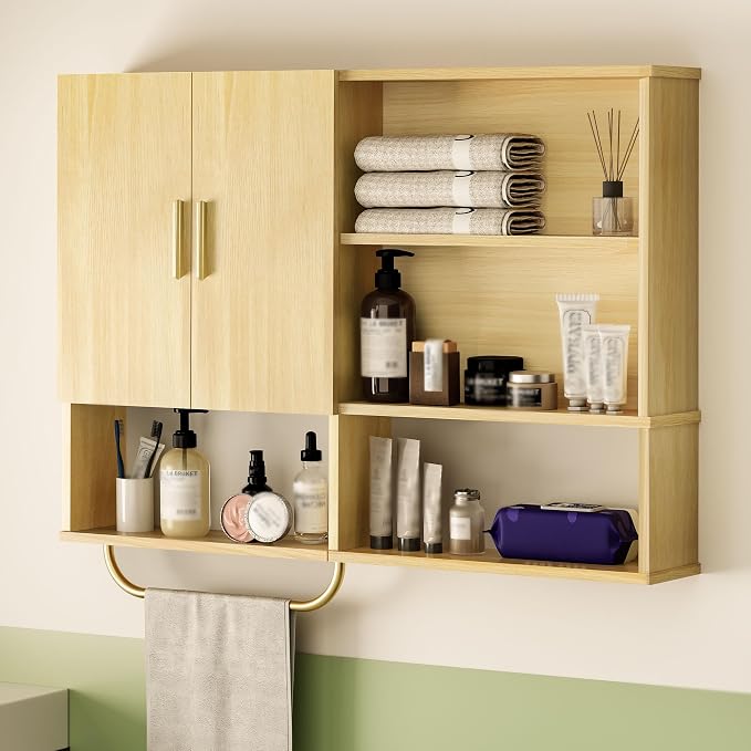 Bathroom Wall Cabinet Wood Large Wall Mounted Medicine Cabinet with 2 Doors and 4 Open Shelves Over Toilet Storage Cabinet Organizer with Towel Bar,Wood