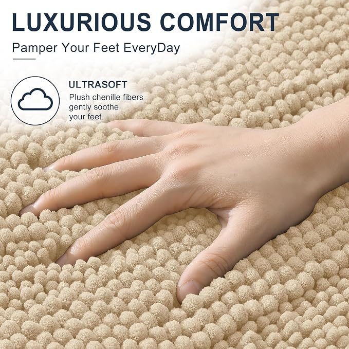 Smiry Thick Chenille Large Bathroom Runner Rugs 44x32, Soft Bath Mat, Beige | Quick‑Dry & Machine Washable, Non‑Slip Bath Carpet, Striped Bath Rugs for Tub & Shower, Modern Home Decor Accessories