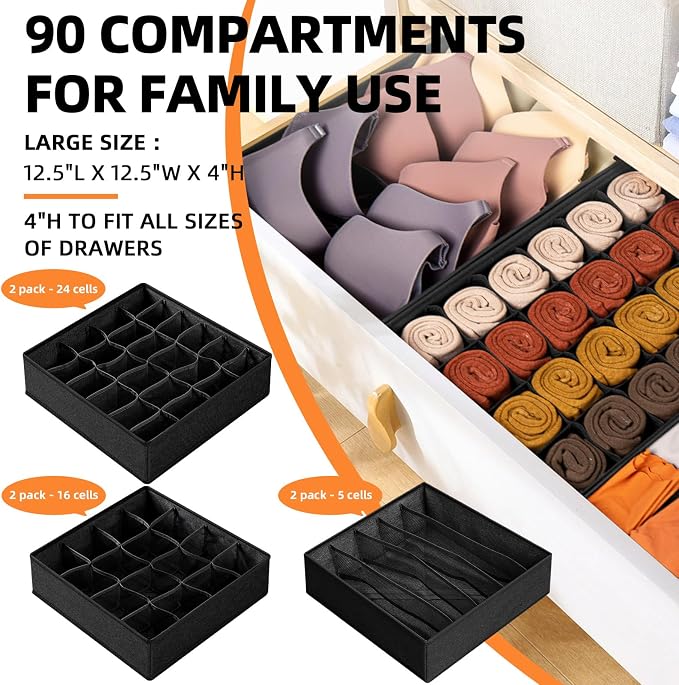 6 Pack Sock Underwear Drawer Organizer Dividers - Dresser Organizer for Baby Clothes - Closet Organizers and Storage for Bedroom Essentials for Dorm Room/New Home/Apartment (Black)