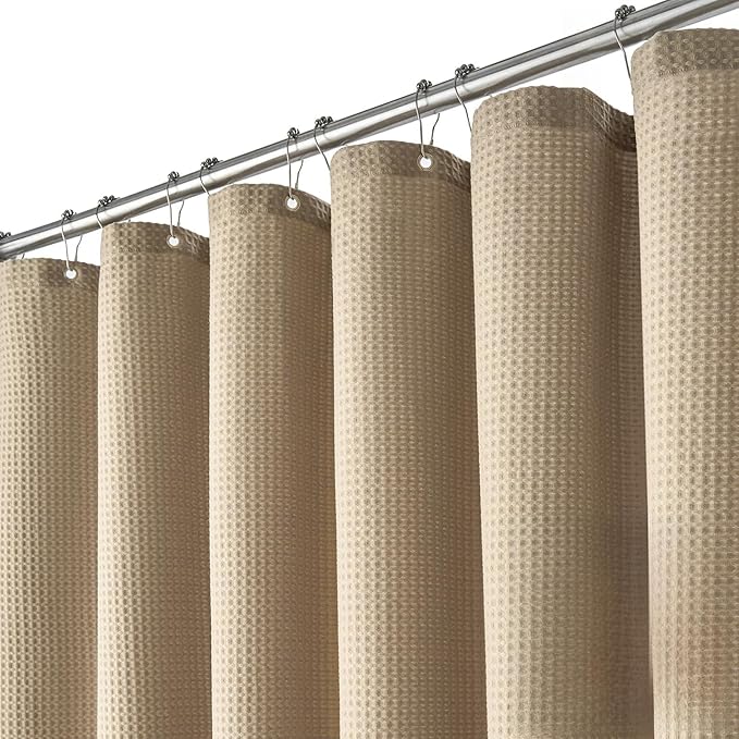 Stall Waffle Shower Curtain 256 GSM Heavy Fabric 60x84 Beige/Khaki | 60 x 84 Inch Long, Thick Polyester Cloth, Weighted Hem, Water Repellent, Washable, Hotel Bathroom Shower Curtain Set 10 Hook