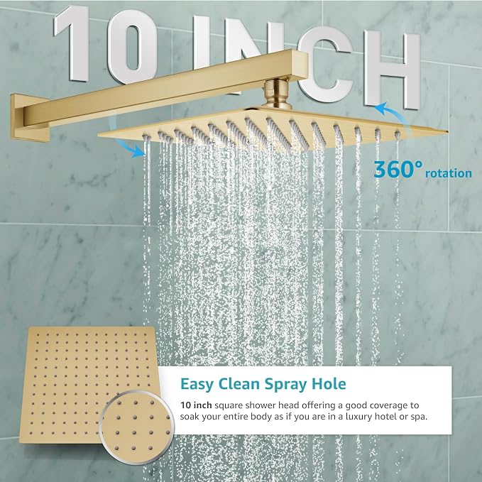 gotonovo Shower Faucet Set with Handheld Spray Brushed Gold,10'' Head | SUS304 Rainfall Shower Head and Handle Set System Fixture,Pressure Balance Valve Trim Kit,Single Handle,Wall Mount,All Metal