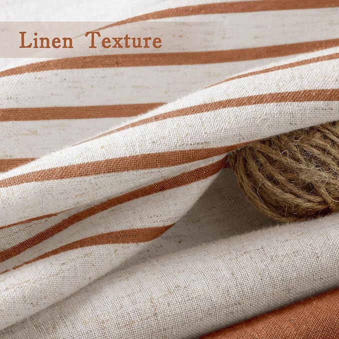 Fall Orange Boho Linen Striped Shower Curtain with Tassel 72"W X 72"L | Boho Farmhouse Shower Curtains with Linen Texture for Bathroom Decor