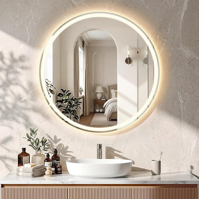 36Inch Round LED Bathroom Mirror with Backlit + Front Lit | Dimmable, 3 Color, Anti-Fog, Tempered Glass, Shatter-Proof Wall Mounted Vanity Mirror with Light for Washroom, Closet