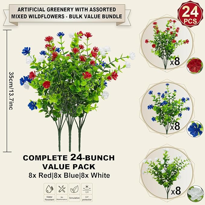 Hananona 24 Pcs Artificial Flowers Outdoor, Faux Artificial Plants UV Resistant Plastic Patriotic Flower Bulk for 4th of July Hanging Planter Porch Window Home Summer Decor (24, Red, White, Blue)
