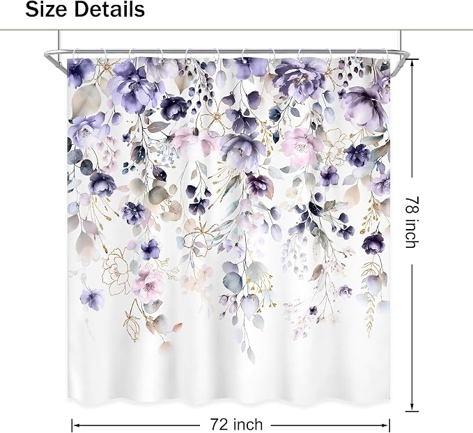Floral Purple Pink Leaf Rustic Girly Bathroom Shower Curtain Set | 72"W x 78"L Flower Boho style, clear shower print, fast-dry fabric and hooks for a simple bath update.