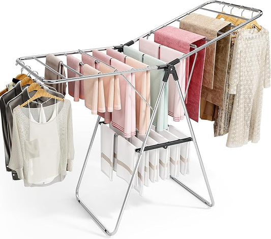 Large Stainless Steel Clothes Drying Rack | Drying Rack Clothing with Height-Adjustable, Foldable Gullwings Laundry Drying Rack, Indoor Outdoor Use, No Assembly, Black