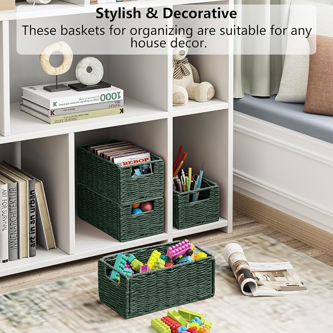 Wicker Storage Basket, Set of 2 Hand-Woven Paper Rope Wicker Basket, Small Storage Baskets for Organizing Toilet Paper, Foldable Small Cube Organizer Bins for Shelves and Bathroom (Green)
