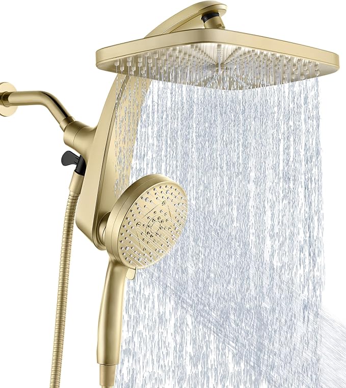 12" High Pressue Rain Shower Head with Handheld, 9 Sprays Hand Showerhead | Shower Heads with Handheld Spray Combo, Dual Head, Built-in Magnetic Docking, Power Jets, 59" Shower Hose, Gold 1.75GPM