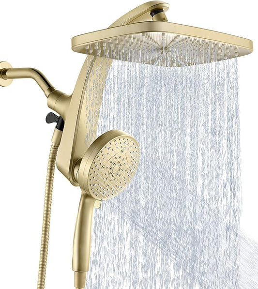12" High Pressue Rain Shower Head with Handheld, 9 Sprays Hand Showerhead | Shower Heads with Handheld Spray Combo, Dual Head, Built-in Magnetic Docking, Power Jets, 59" Shower Hose, Gold 1.75GPM