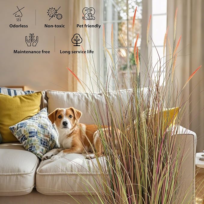 4ft 2-Pack Artificial Cattail Reed Grass, 47.2’’ Fake Indoor Outdoor Plants | Artificial Onion Grass Floor Plant, Home Office Wedding Decorative Potted Plants, Housewarming Gift, Pink