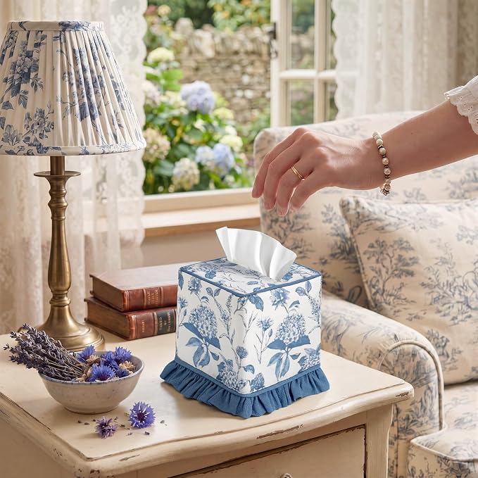 Blue Fabric Ruffle Tissue Box Cover Floral Print Cotton Tissue Box Decorative Square Napkin Holder Vintage Cottagecore Home Decor for Bathroom Bedroom Vanity Countertop Home Office Kitchen