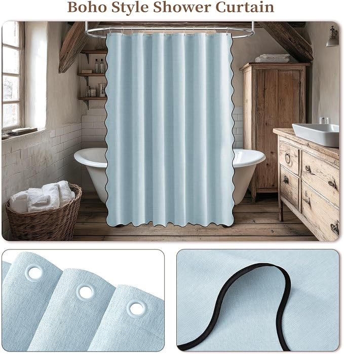 72x80 Boho Scalloped Linen Textured Cloth Shower Curtain Set, Fog Blue | Long Size, 230GSM Waterproof Polyester, Heavy Duty Fabric, 12 Plastic Hooks, Elegant Modern Farmhouse Style, Machine Washable
