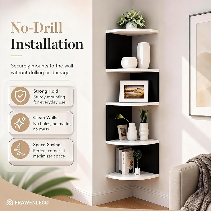 No-Drill Corner Shelf Wall Mount, 5-Tier Floating Corner Bookshelf with Hooks, Space-Saving Zigzag Plant Shelf for Bedroom, Living Room, Bathroom, Home Office(White & Black)