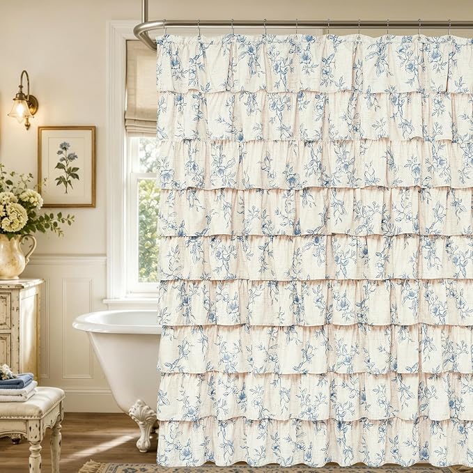 Yinhua Farmhouse Ruffle Shower Curtains with Blue Floral, 72" Wx72 L | French Country Vintage Rustic Washable Waterproof Shower Curtain for Bathroom Bathtub, 12 Metal Hooks