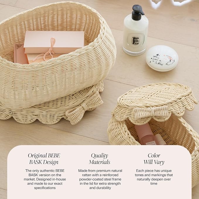 BEBE BASK Original Scalloped Bow Basket with Lid - Set of 2 (15x11x6 In) | Award Winner, Handwoven Rattan, Scalloped Wicker Basket, Woven Baskets for Storage, Nursery Storage, Scallop Basket (Bow)