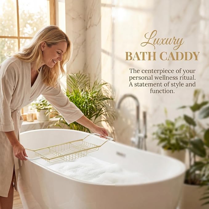 Cabilock Luxury Stainless Steel Bathtub Caddy Tray - 24.8in Expandable Modern Bath Rack for Tub with Wine Glass & Book Holder - Rustproof Shower Organizer & Tablet Stand for Home Spa, Gold