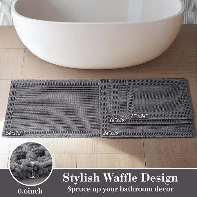 RESARE Waffle Bath Mat for Bathroom, Non Slip Bathroom Rugs 18x30 Dark Grey | Absorbent Boho Bathroom Floor Mats Machine Washable Quick Dry, Soft Solid Bath Rugs with Tassels, Ideal Farmhouse Home Decor