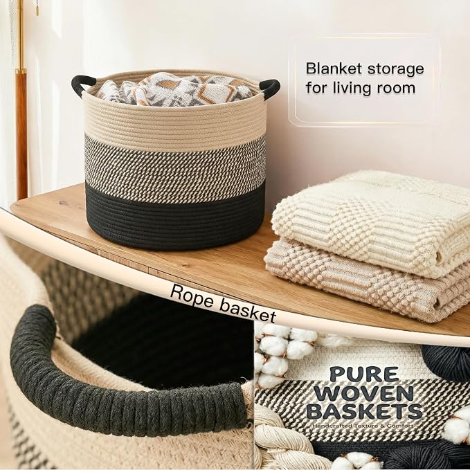 Artfeel 100L Large Cotton Rope Basket, Decorative Woven Blanket Storage for Living Room, Boho Toy Storage & Toy Box for Kids, Versatile Laundry Basket & Nursery Hamper for Blankets(BlackBrown)