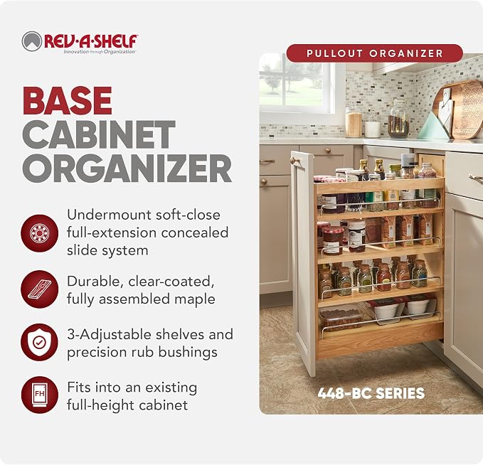 Rev-A-Shelf Maple Pullout Organizer w/Blum Soft-Close for Frameless Full-Height Base Cabinets, Full Extension Slides & Adjustable Shelves, Min Opening Width of 7.5", 448-BCSC-6C