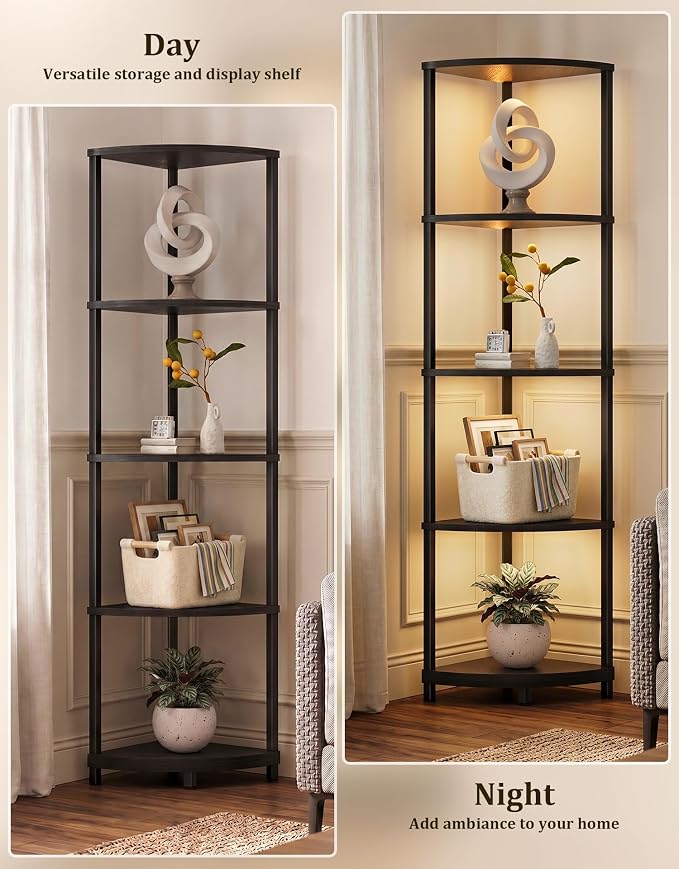 Corner Shelf with LED Light, 5 Tier Smart Color Changing Floor Lamp with Remote, 62" Display Shelf Bookshelf Narrow Storage Rack Standing Lamp for Living Room Bedroom Home Office Décor