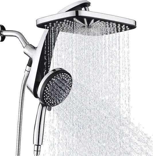 12" High Pressue Rain Shower Head with Handheld, 9 Sprays Hand Showerhead | Shower Heads with Handheld Spray Combo, Dual Head, Built-in Magnetic Docking, Power Jets, 59" Shower Hose, Chrome 1.8GPM