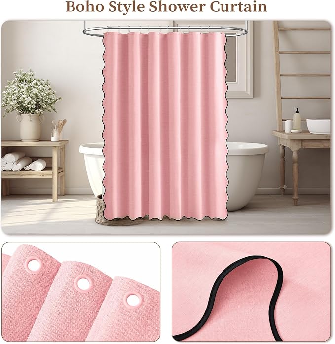 72x80 Boho Scalloped Linen Textured Cloth Shower Curtain Set, Pink | Long Size, 230GSM Waterproof Polyester, Heavy Duty Fabric, 12 Plastic Hooks, Elegant Modern Farmhouse Style, Machine Washable