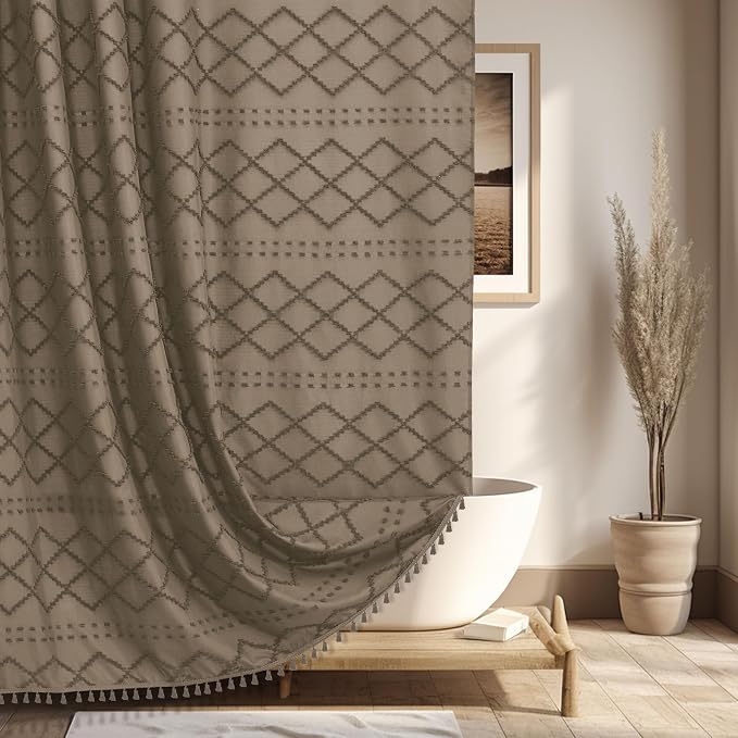 Siiluminisoy Boho Farmhouse Shower Curtain Woven Fabric Khaki Shower Curtain, 72 x 78 Tufted Chevron Textured Striped Modern Farmhouse Minimalist Shower Curtains for Bathroom