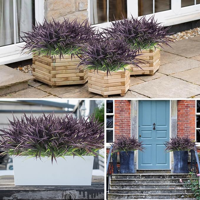 16 Pcs Artificial Plants Outdoor Fake Greenery Stems, Purple | Faux grass, UV resistant, plastic plants shrubs, autumn Thanksgiving garden pathway window farmhouse front porch home decor