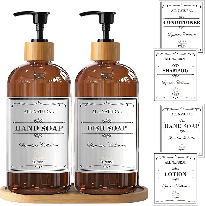 Amber Glass Soap Dispenser, Bamboo Pump with Tray, 16 oz | Amber Glass, Bamboo Pump Hand and Dish, Bathroom and Kitchen Sink use,6 Waterproof Labels Included 4 Pack