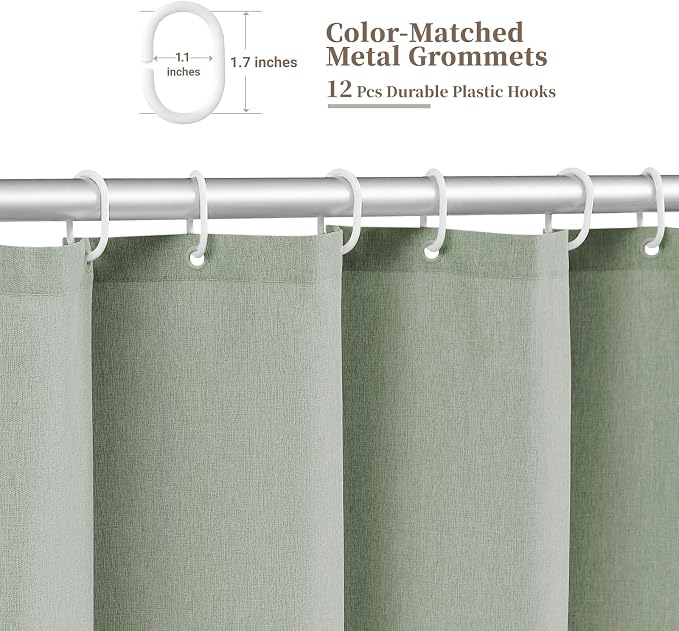 72x90 Boho Scalloped Linen Textured Cloth Shower Curtain, Sage Green | Long Size, 230GSM Waterproof Polyester, Heavy Duty Fabric, 12 Plastic Hooks, Elegant Modern Farmhouse Style, Machine Washable