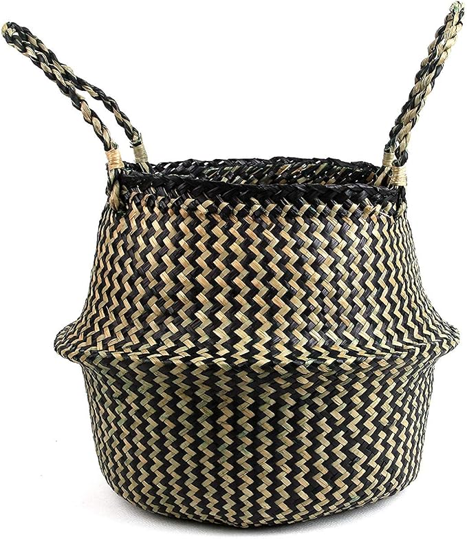 Woven Seagrass Belly Basket for Storage, Plant Pot, Picnic and Grocery Basket (Large, Black Strips)