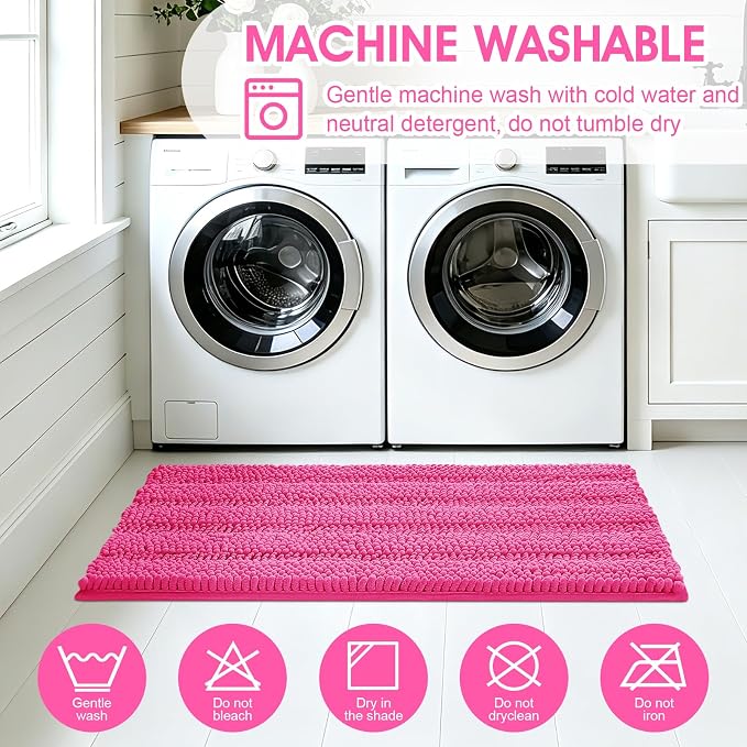 Christmas Striped Hot Pink Bathroom Rug Set 3 Pieces Ultra Soft, Non Slip Chenille Toilet Mat, Absorbent Plush Shaggy Bath Mats for Bathroom, Bedroom, Kitchen, Peach