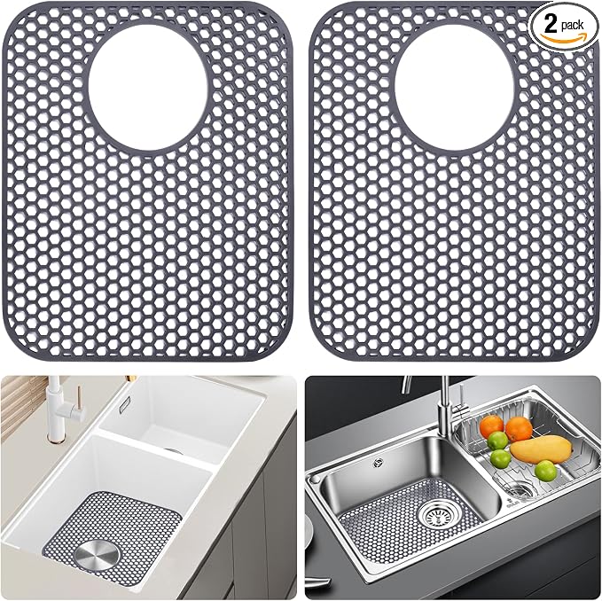 LONGFITE Sink Protector Mats 2 Pcs Silicone Kitchen Sink Mat Draining Heat Proof Mat with Rear Center Drain (Rear Drain)