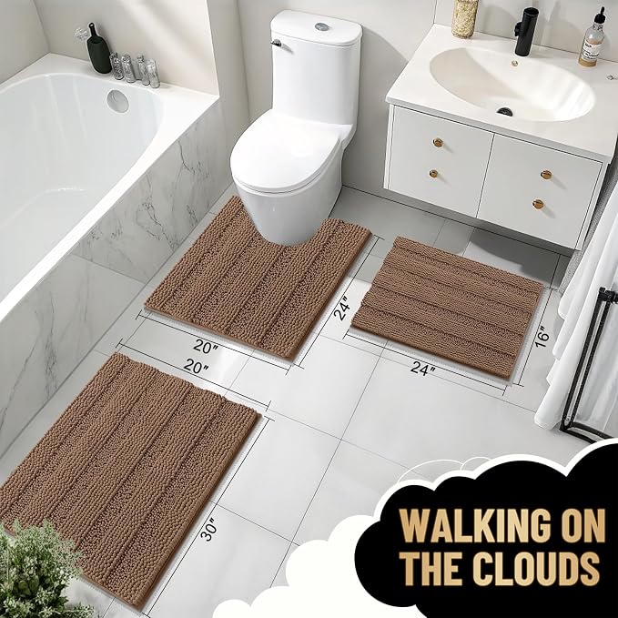OLANLY Thick Bathroom Rugs 30x20, Soft Chenille Striped Bath Rugs, Mocha | Rubber Backing, Machine Wash, Extra Absorbent Bath Mats for Bathroom Floor, Tub and Shower, Home Decor Accessories