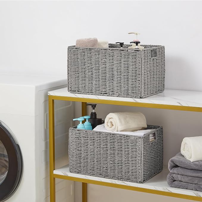 Wicker Storage Basket, Set of 2 Hand-Woven Paper Rope Wicker Basket, Small Storage Baskets for Organizing Toilet Paper Basket, Foldable Large Cube Storage Organizer Bins for Shelves (Grey)