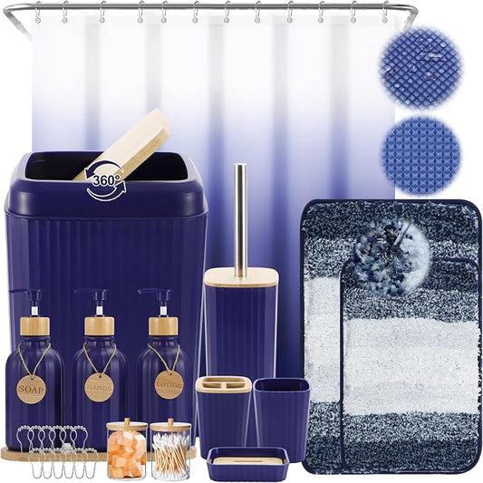 XLHOMO 32PCS Bathroom Sets with Shower Curtain and Rugs Navy Blue Shower Curtain Set 3PCS Soap Dispenser Bathroom Accessories with Bathroom Trash Can