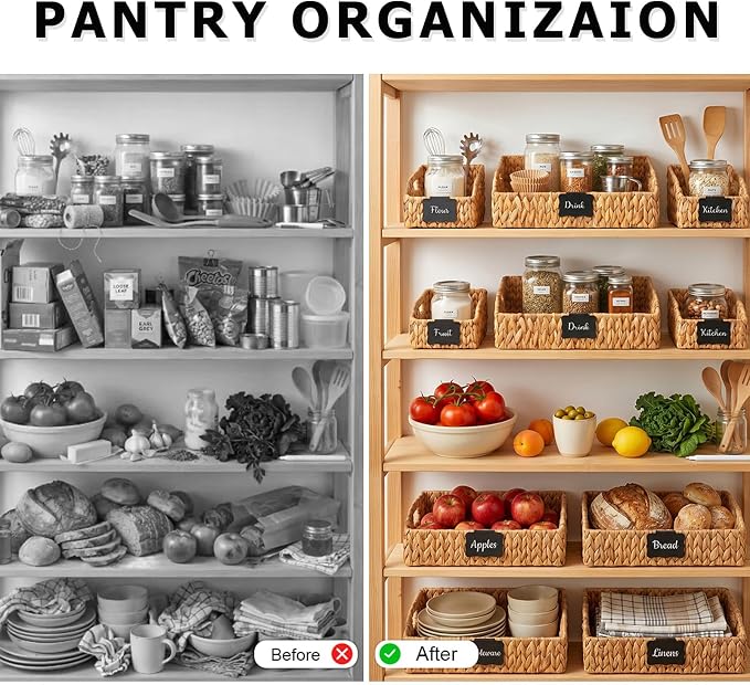 Wicker Baskets for Organizing, Pantry Baskets with Built-in Handles, Handwoven Labeled Wicker Storage Basket, Water Hyacinth Storage Bins for Shelves, 3 Pack, Natural - 2 Set
