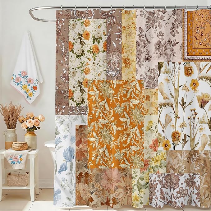 Vintage Boho Shower Curtain Retro Floral Shower Curtain Boho Floral Bathroom Decor Waterproof Mid Century Farmhouse Flowers Patchwork Bath Curtain 72 X 72 Inch (Yellow, 72"W x 72"L (Pack of 1))