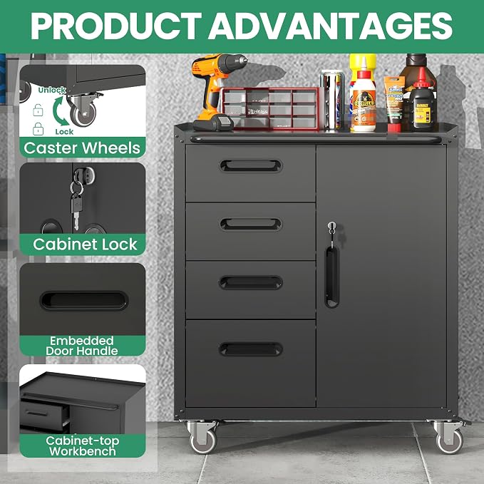 Garage Storage Cabinet System,Wall Cabinet & Locking Rolling Tool Cabinet with Doors and Adjustable Shelves