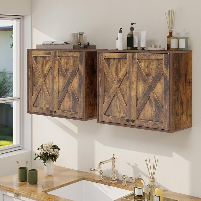 YOURLITE Laundry Cabinet, Medicine Cabinet, Bathroom Kitchen Storage Wall Mounted Farmhouse Organizer with Shelves Over Toilet, One Set of 2 Pieces X 24"