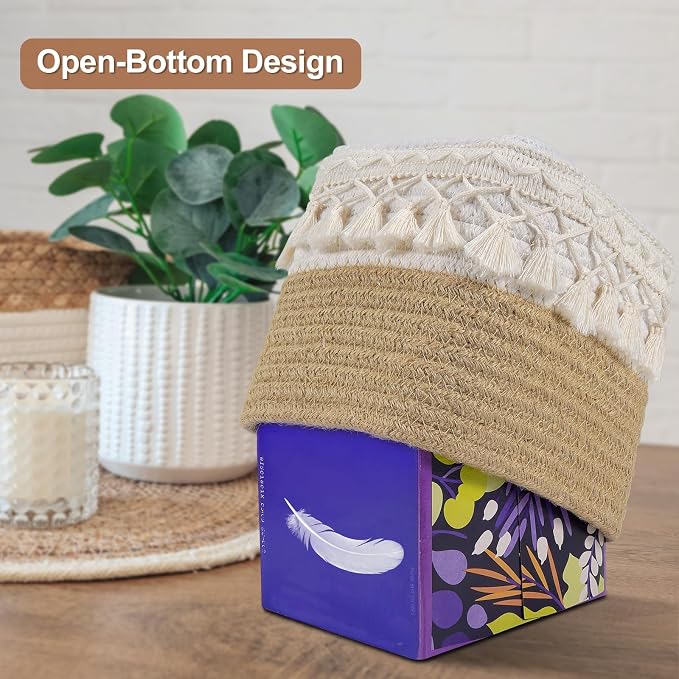 Boho Tissue Box Cover: Natural Handwoven Square Cover for Bathroom | Open-Bottom Design with Tassel, For Kitchen, Tabletops, Home & Office, Farmhouse Decor