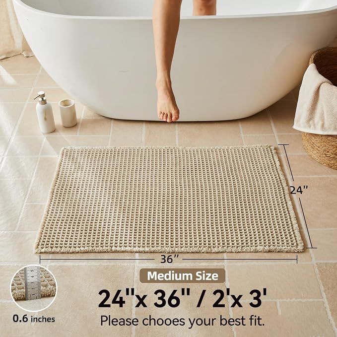 Triohero Waffle Bath Mat, Boho Bathroom Rugs Non Slip Washable, Ultra Soft Super Absorbent Quick Dry Farmhouse Bathroom Decor, 24" x 36", Pale Beige